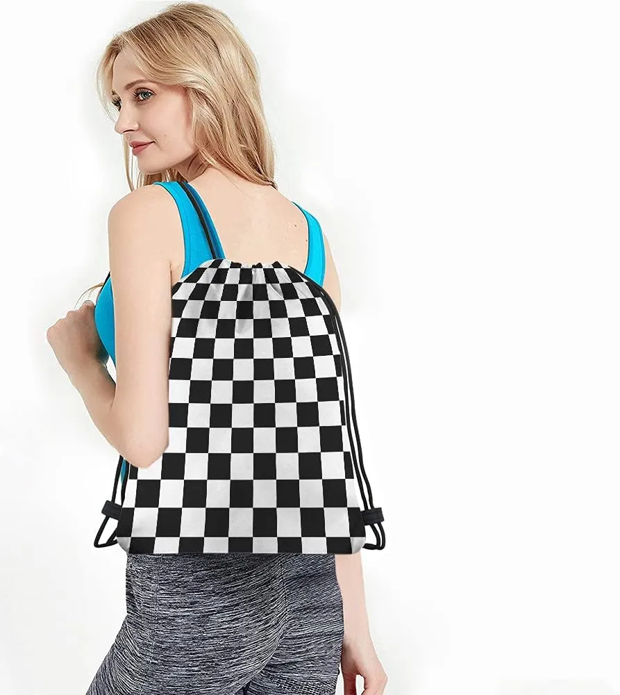 Checkerboard Drawstring Bags Backpack Bag Geometric Checkered Plaid Pattern Black White Car Racing Sports Chess Board Sport Gym Sack Drawstring Bag String Bag Yoga Bag for Men Women