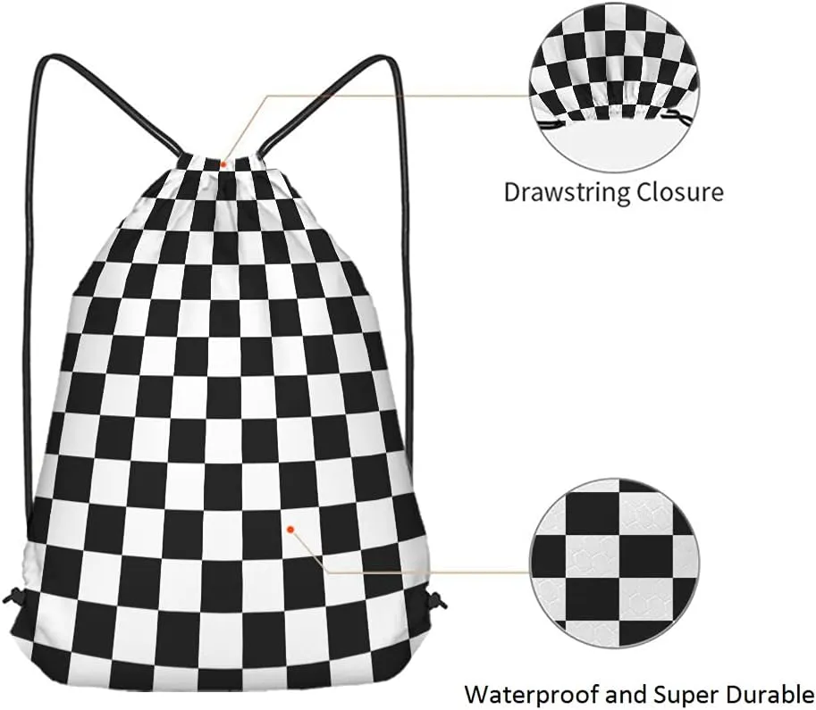 Checkerboard Drawstring Bags Backpack Bag Geometric Checkered Plaid Pattern Black White Car Racing Sports Chess Board Sport Gym Sack Drawstring Bag String Bag Yoga Bag for Men Women