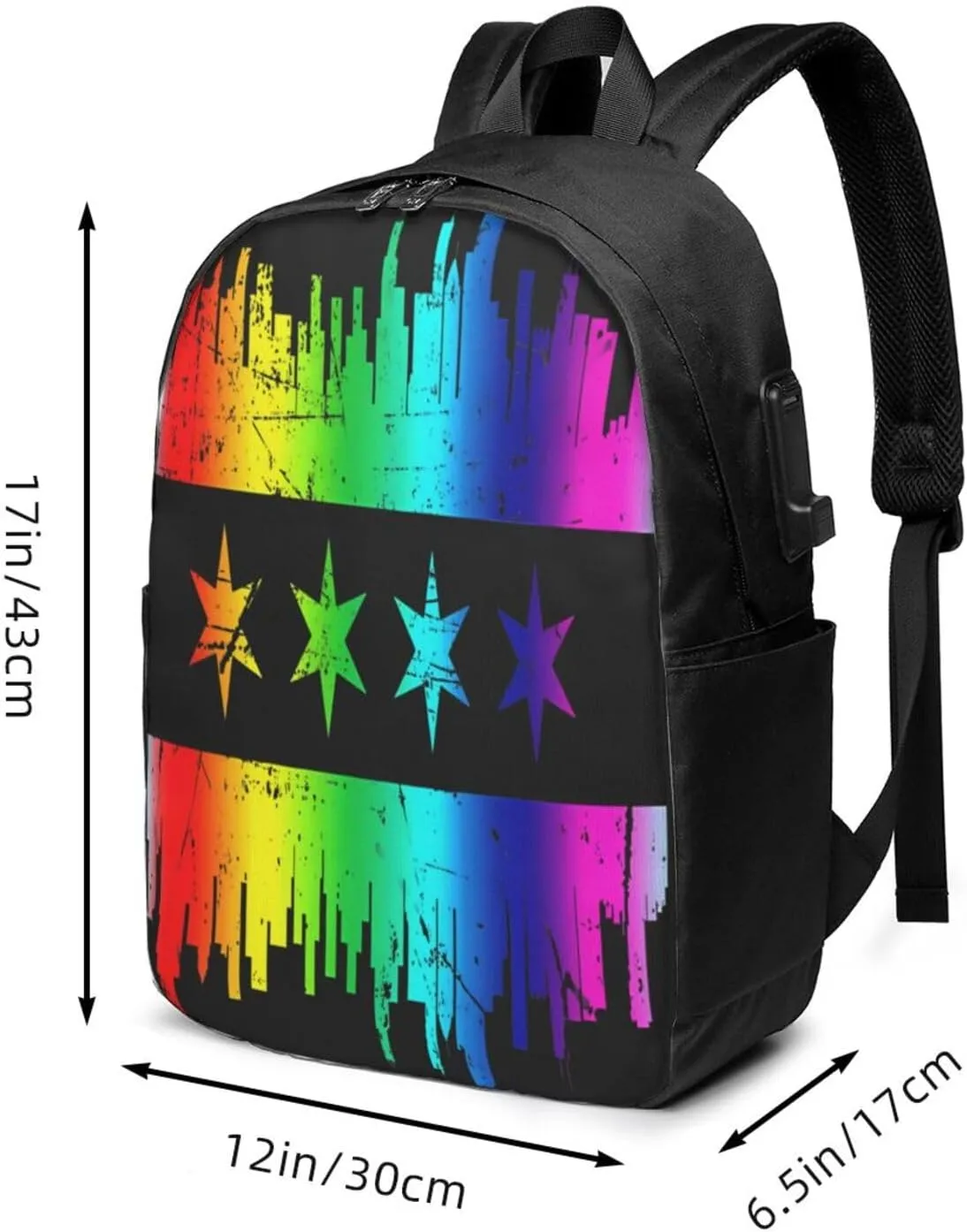 Chicago Skyline Gay LGBT Pride Rainbow Flag Laptop Backpacks Travel Backpack Casual Business Daypack Sport Rucksack Computer Bag Fits up to 17 Inch Notebook with USB Port