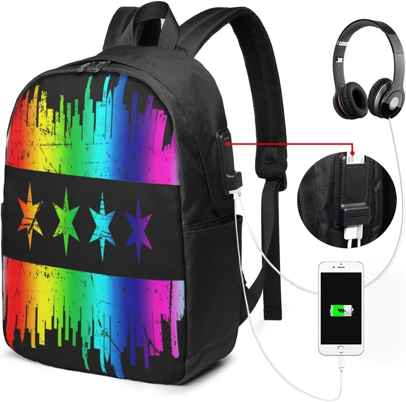 Chicago Skyline Gay LGBT Pride Rainbow Flag Laptop Backpacks Travel Backpack Casual Business Daypack Sport Rucksack Computer Bag Fits up to 17 Inch Notebook with USB Port