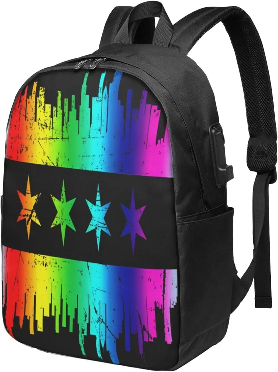 Chicago Skyline Gay LGBT Pride Rainbow Flag Laptop Backpacks Travel Backpack Casual Business Daypack Sport Rucksack Computer Bag Fits up to 17 Inch Notebook with USB Port