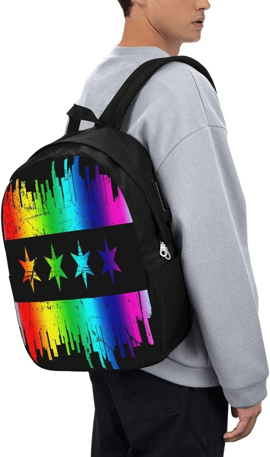 Chicago Skyline Gay LGBT Pride Rainbow Flag Laptop Backpacks Travel Backpack Casual Business Daypack Sport Rucksack Computer Bag Fits up to 17 Inch Notebook with USB Port