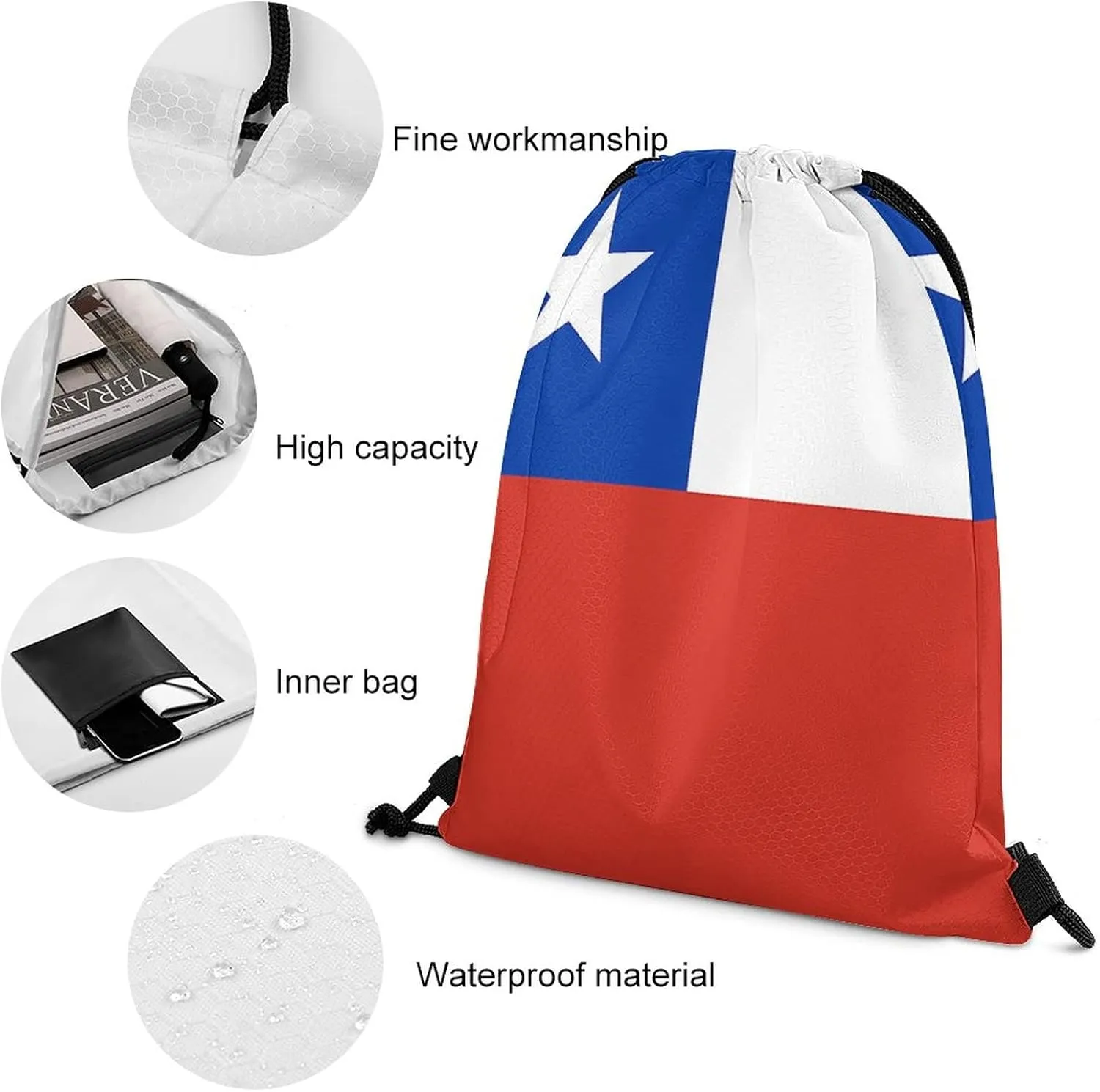 Chilean Flag Drawstring Backpack Sports Gym Sackpack Water Resistant String Bag for Women Men