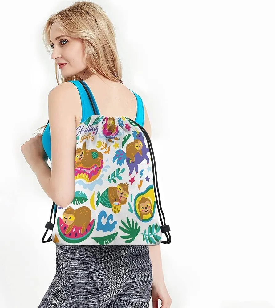 Chilling Sloths Drawstring Bags Backpack Bag Animal Floral Leaf Flamingo Donuts Mermaid Star Avocado Quote Sport Gym Sack Drawstring Bag String Bag Yoga Bag for Men Women