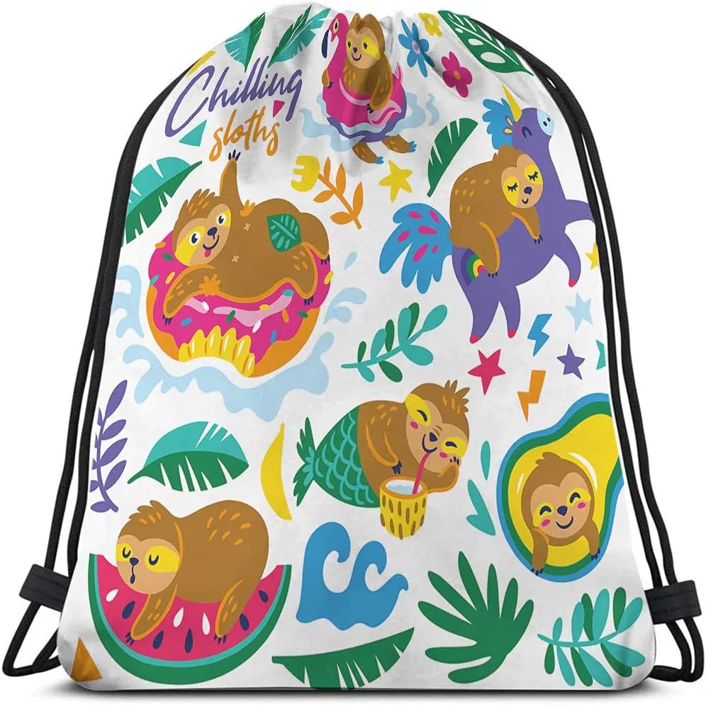 Chilling Sloths Drawstring Bags Backpack Bag Animal Floral Leaf Flamingo Donuts Mermaid Star Avocado Quote Sport Gym Sack Drawstring Bag String Bag Yoga Bag for Men Women