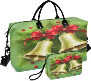 Christmas Bells Green Sports Gym Bag for Women Men Travel Duffel Bag Weekend Overnight Carry on Bag with Toiletry Bag Workout Dance Bag for Workout Swimming Yoga Plane Hospital