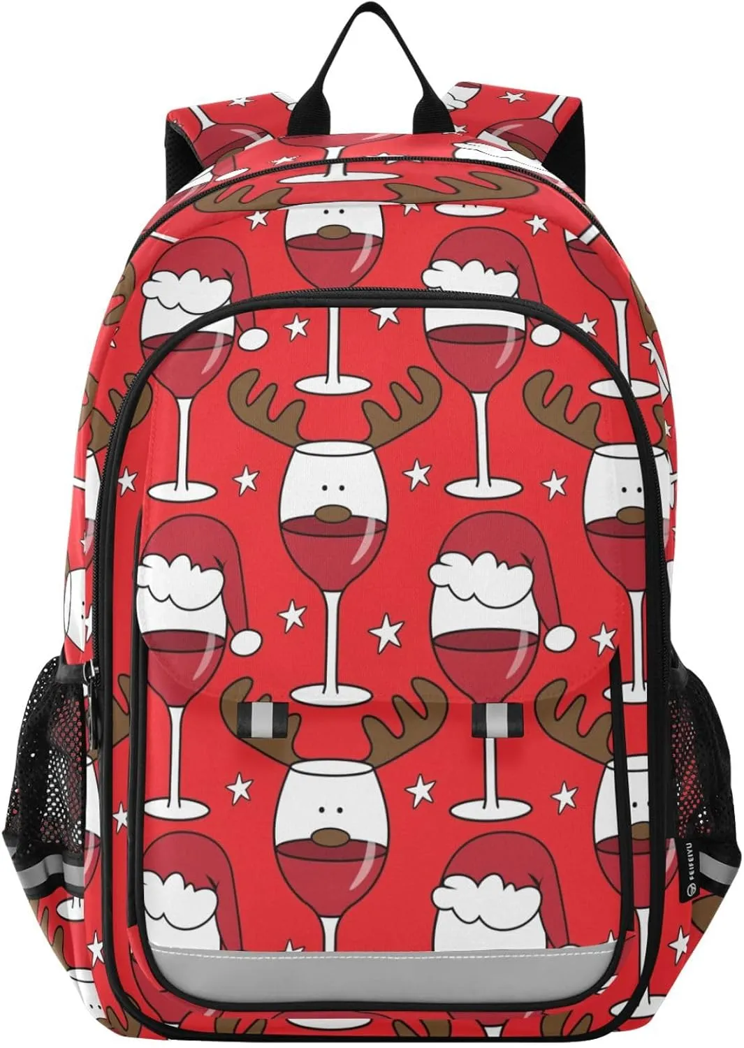 Christmas Wine Glass Reindeer Backpack Girls Boys Elementary School Bags Bookbags Laptop Backpack Travel Daypack Safe Reflective Stripes