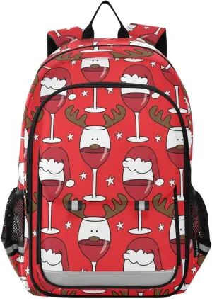 Christmas Wine Glass Reindeer Backpack Girls Boys Elementary School Bags Bookbags Laptop Backpack Travel Daypack Safe Reflective Stripes