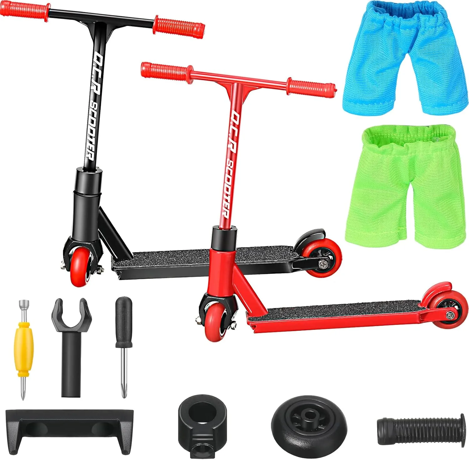Civaner 22 Pcs/ 2 Sets Finger Scooter Toy Mini Scooters Finger Board Accessories with Pants and Tools, Alloy Interactive Toys for Skateboarder(Red, Black)