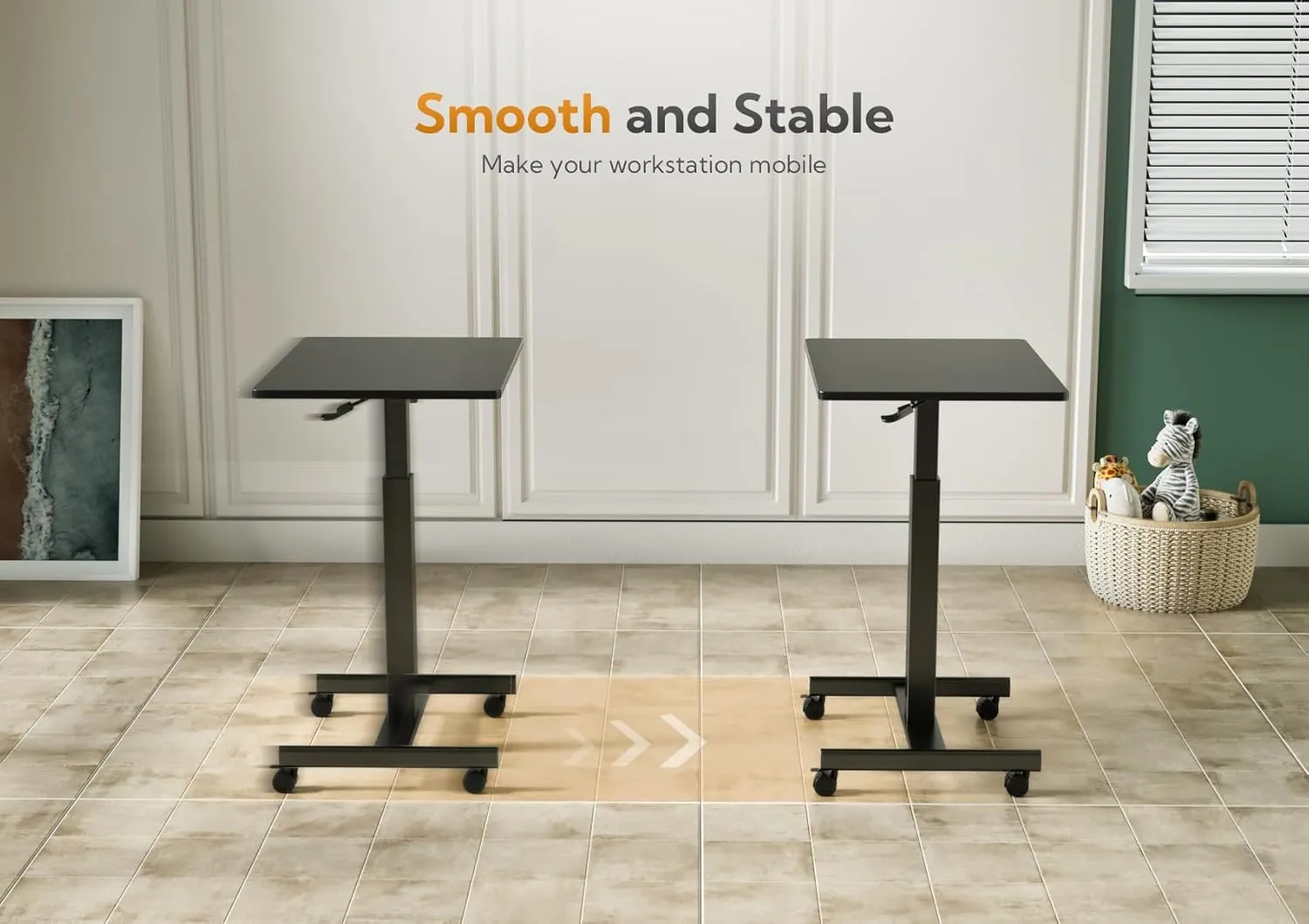 Claiks Mobile Standing Desk, Small Rolling Adjustable Desk with Wheels, Pneumatic Mobile Desks Workstation with Hook, Black