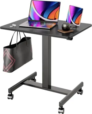 Claiks Mobile Standing Desk, Small Rolling Adjustable Desk with Wheels, Pneumatic Mobile Desks Workstation with Hook, Black