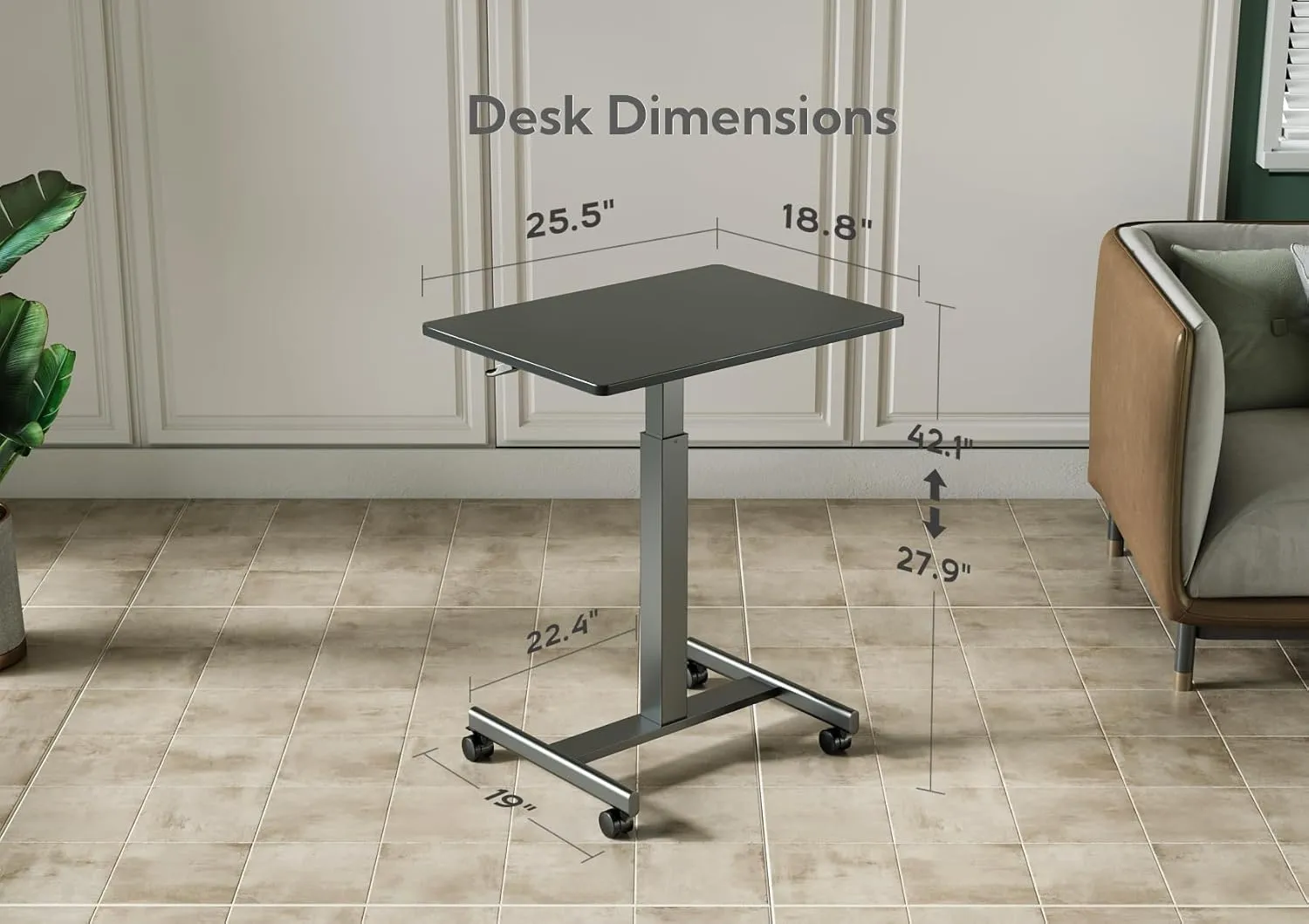 Claiks Mobile Standing Desk, Small Rolling Adjustable Desk with Wheels, Pneumatic Mobile Desks Workstation with Hook, Black