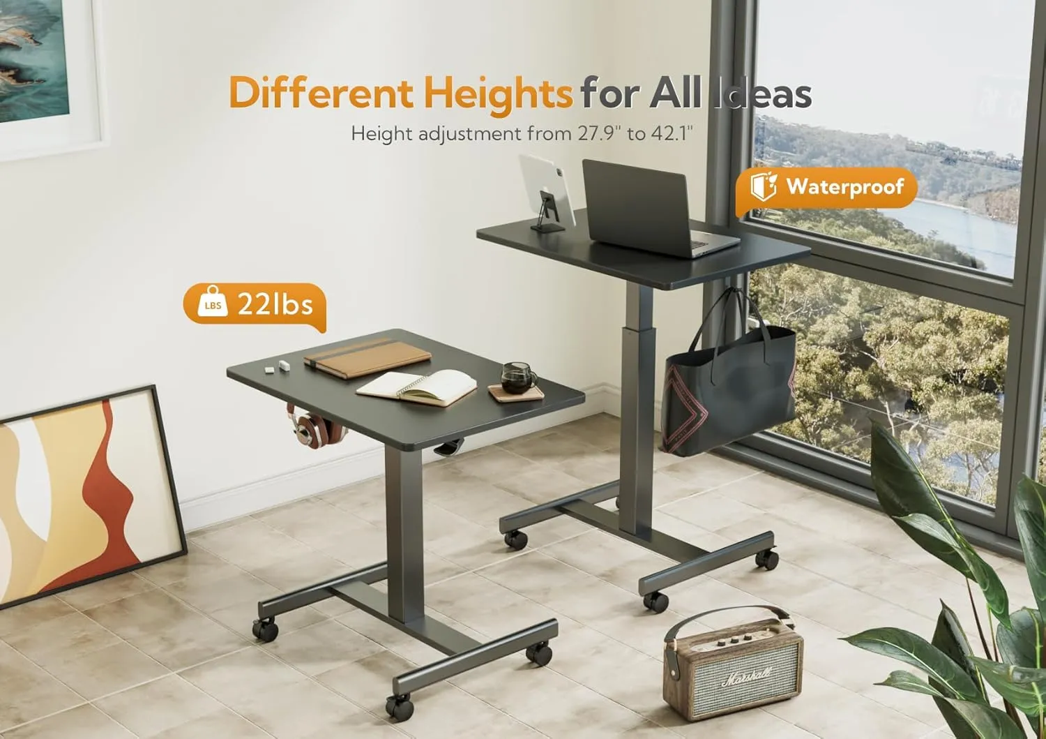 Claiks Mobile Standing Desk, Small Rolling Adjustable Desk with Wheels, Pneumatic Mobile Desks Workstation with Hook, Black