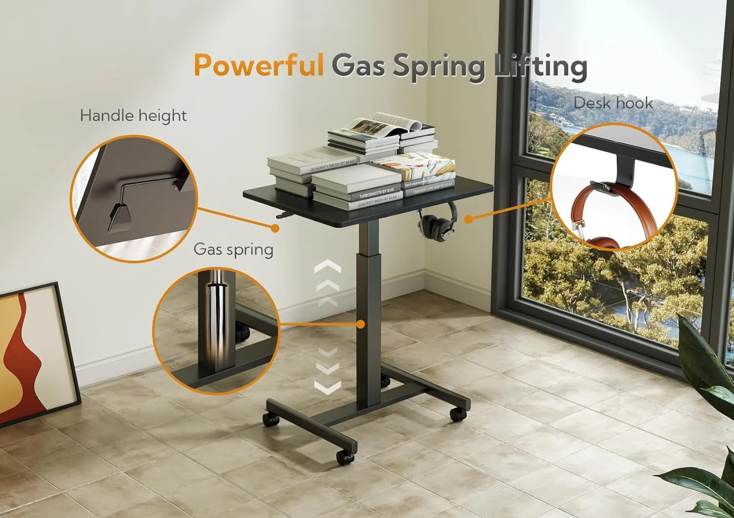 Claiks Mobile Standing Desk, Small Rolling Adjustable Desk with Wheels, Pneumatic Mobile Desks Workstation with Hook, Black