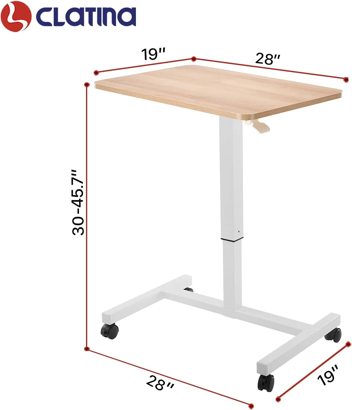 CLATINA Mobile Laptop Desk Pneumatic Sit to Stand Table Height Adjustable Rolling Cart with Lockable Wheels for Home Office Computer Workstation 28" x 19" Beige Round Edge Design Elegant