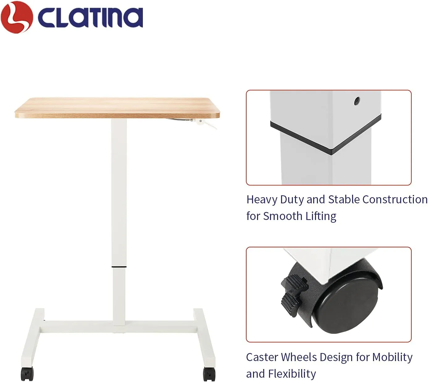 CLATINA Mobile Laptop Desk Pneumatic Sit to Stand Table Height Adjustable Rolling Cart with Lockable Wheels for Home Office Computer Workstation 28" x 19" Beige Round Edge Design Elegant