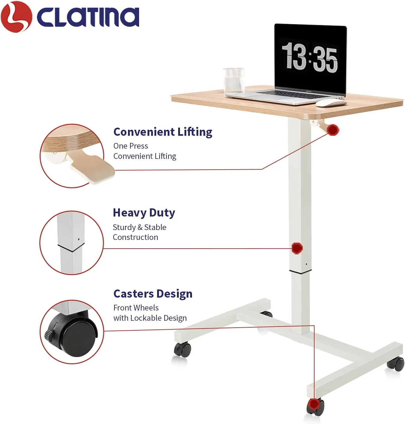 CLATINA Mobile Laptop Desk Pneumatic Sit to Stand Table Height Adjustable Rolling Cart with Lockable Wheels for Home Office Computer Workstation 28" x 19" Beige Round Edge Design Elegant