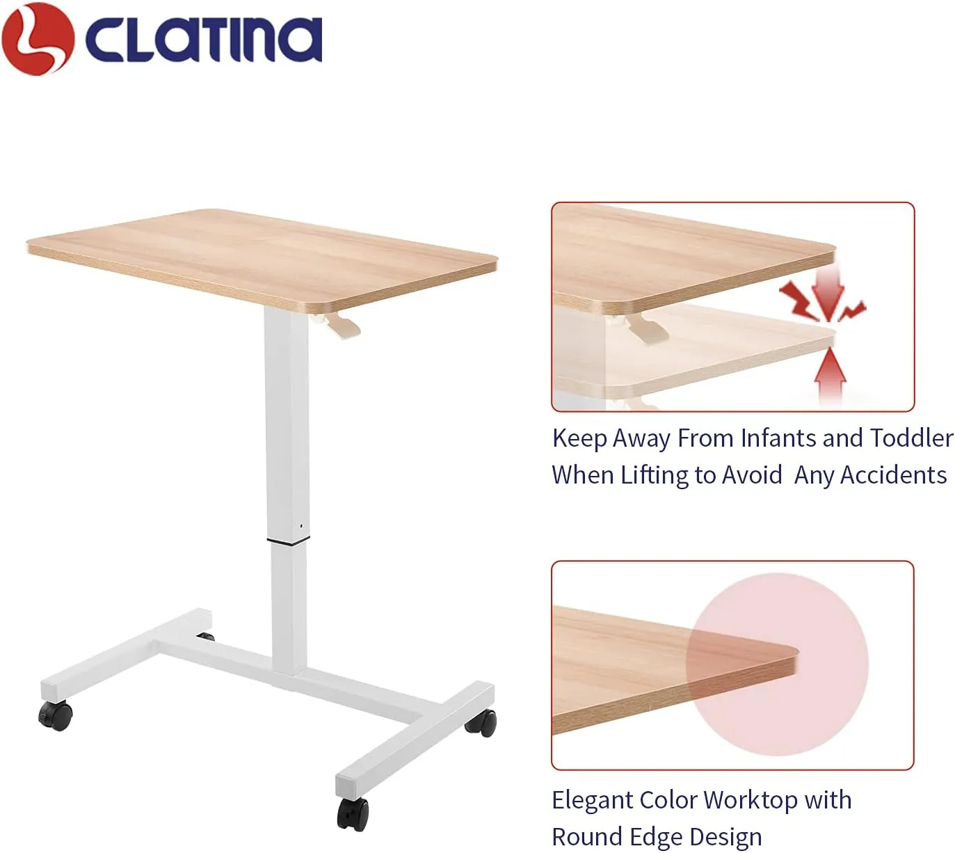 CLATINA Mobile Laptop Desk Pneumatic Sit to Stand Table Height Adjustable Rolling Cart with Lockable Wheels for Home Office Computer Workstation 28" x 19" Beige Round Edge Design Elegant