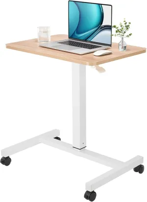 CLATINA Mobile Laptop Desk Pneumatic Sit to Stand Table Height Adjustable Rolling Cart with Lockable Wheels for Home Office Computer Workstation 28" x 19" Beige Round Edge Design Elegant