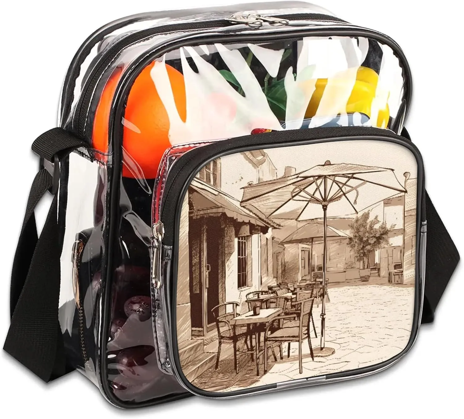 Clear Crossbody Bag Stadium Approved Street Sketch Transparent Bag for Festivals, Sports Events, Concerts,Beach Bag for Women Men Clear Purse with Front Pocket Messenger Bag with Adjustable Strap