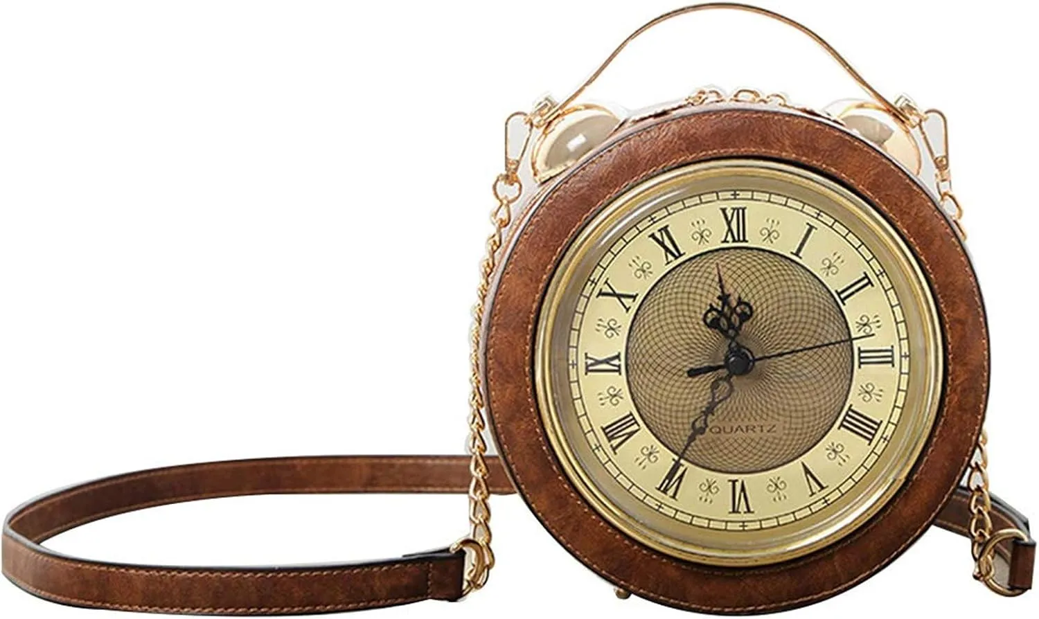 Clock Bag Real Working,Vintage Crossbody Messenger Bag, SteamPunk Style Shape Leather Bag Circular Handbag Chain Shoulder