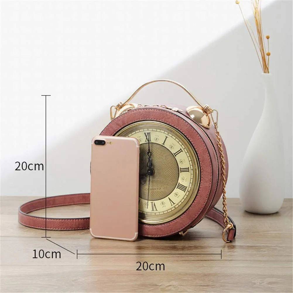 Clock Bag Real Working,Vintage Crossbody Messenger Bag, SteamPunk Style Shape Leather Bag Circular Handbag Chain Shoulder