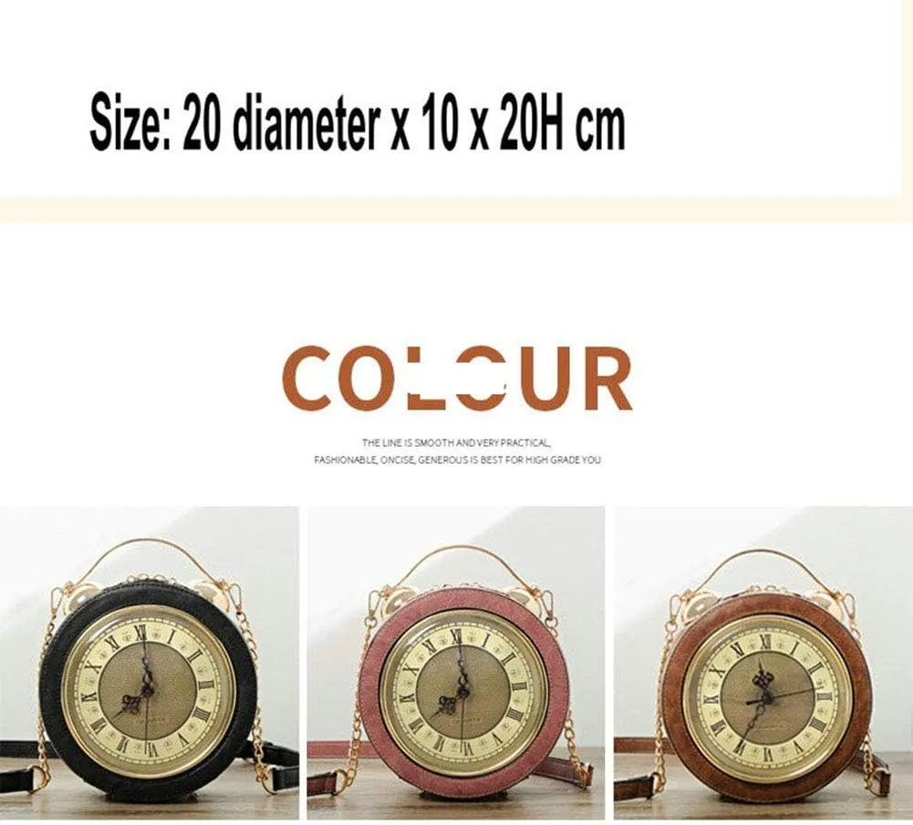 Clock Bag Real Working,Vintage Crossbody Messenger Bag, SteamPunk Style Shape Leather Bag Circular Handbag Chain Shoulder