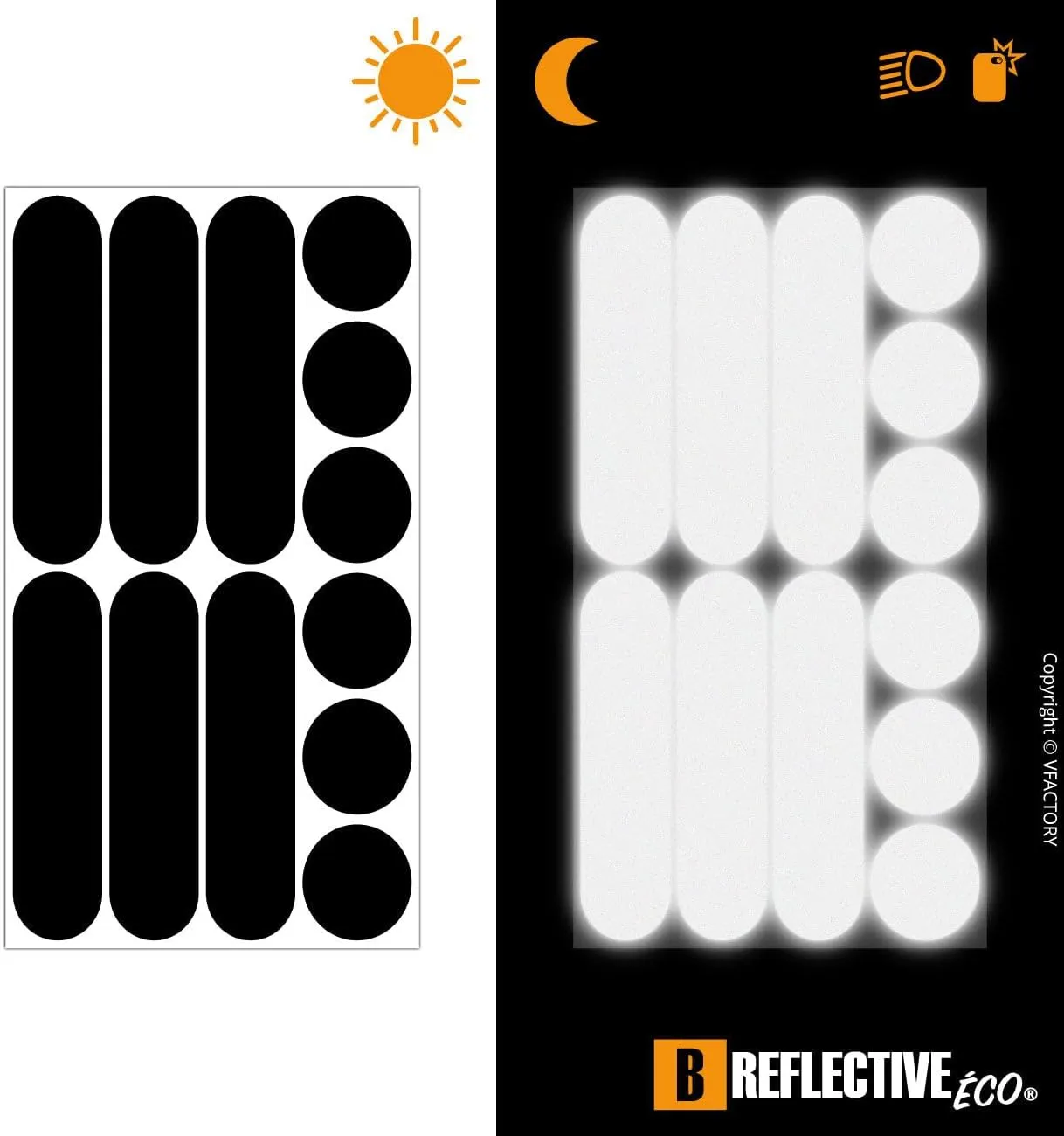 Éco MULTI, (2 Pack) 12 retro reflective stickers kit, Night high visibility safety, Universal adhesive for Bike/Stroller/Buggy/Helmet/Motorbike/Scooter/Toys, Black