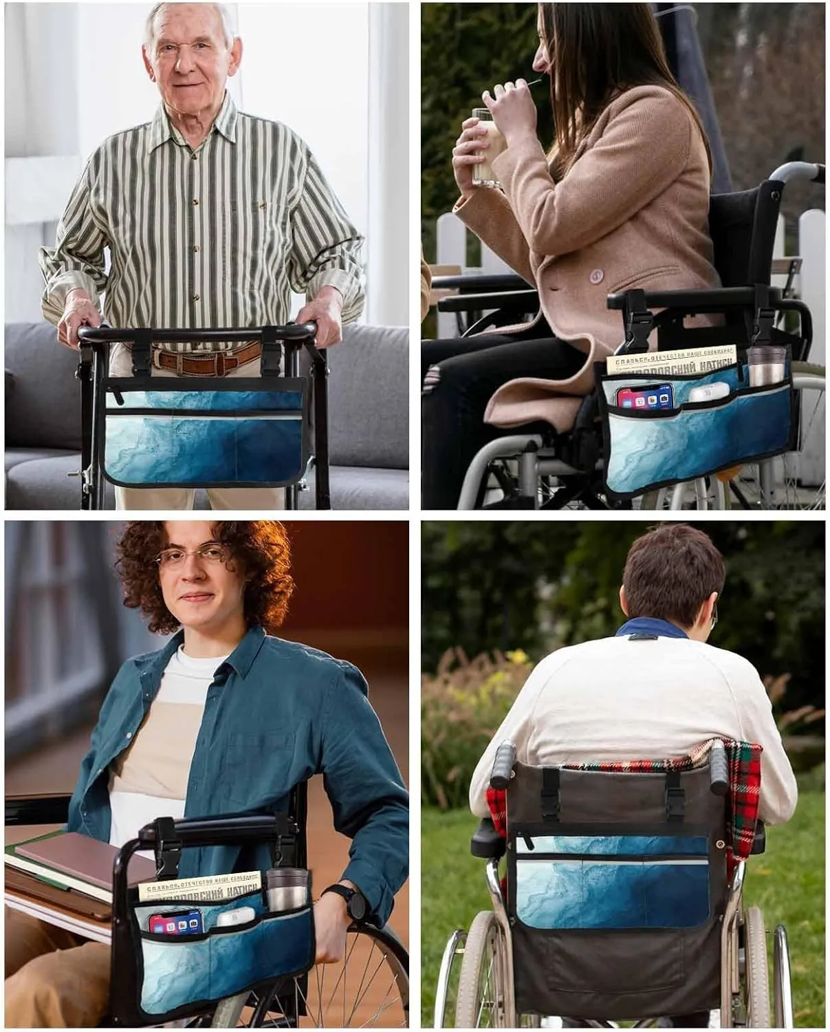 Coastal Ombre Wheelchair Side Bag Walker Bag, Blue Sea Wave Seawater Ocean Landscape Wheelchair Armrest Accessories Organizer Pouch for Walkers, Rollators, Scooters, 7.3''x13''