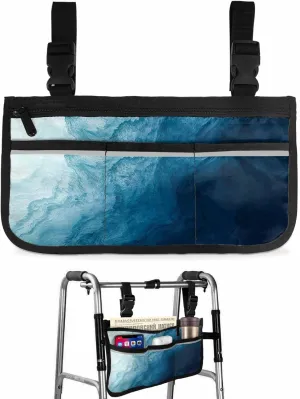 Coastal Ombre Wheelchair Side Bag Walker Bag, Blue Sea Wave Seawater Ocean Landscape Wheelchair Armrest Accessories Organizer Pouch for Walkers, Rollators, Scooters, 7.3''x13''