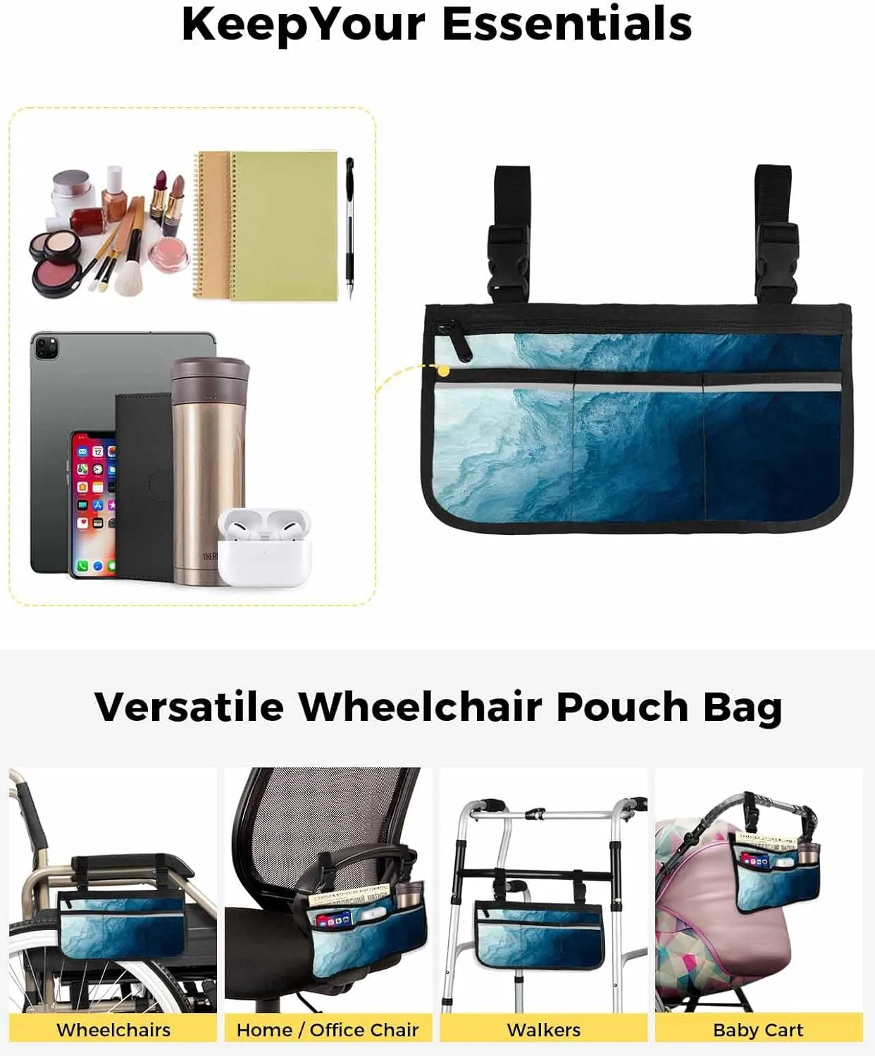 Coastal Ombre Wheelchair Side Bag Walker Bag, Blue Sea Wave Seawater Ocean Landscape Wheelchair Armrest Accessories Organizer Pouch for Walkers, Rollators, Scooters, 7.3''x13''