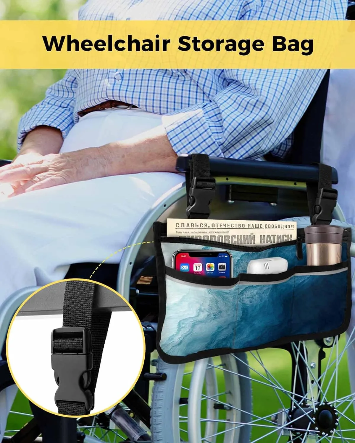 Coastal Ombre Wheelchair Side Bag Walker Bag, Blue Sea Wave Seawater Ocean Landscape Wheelchair Armrest Accessories Organizer Pouch for Walkers, Rollators, Scooters, 7.3''x13''