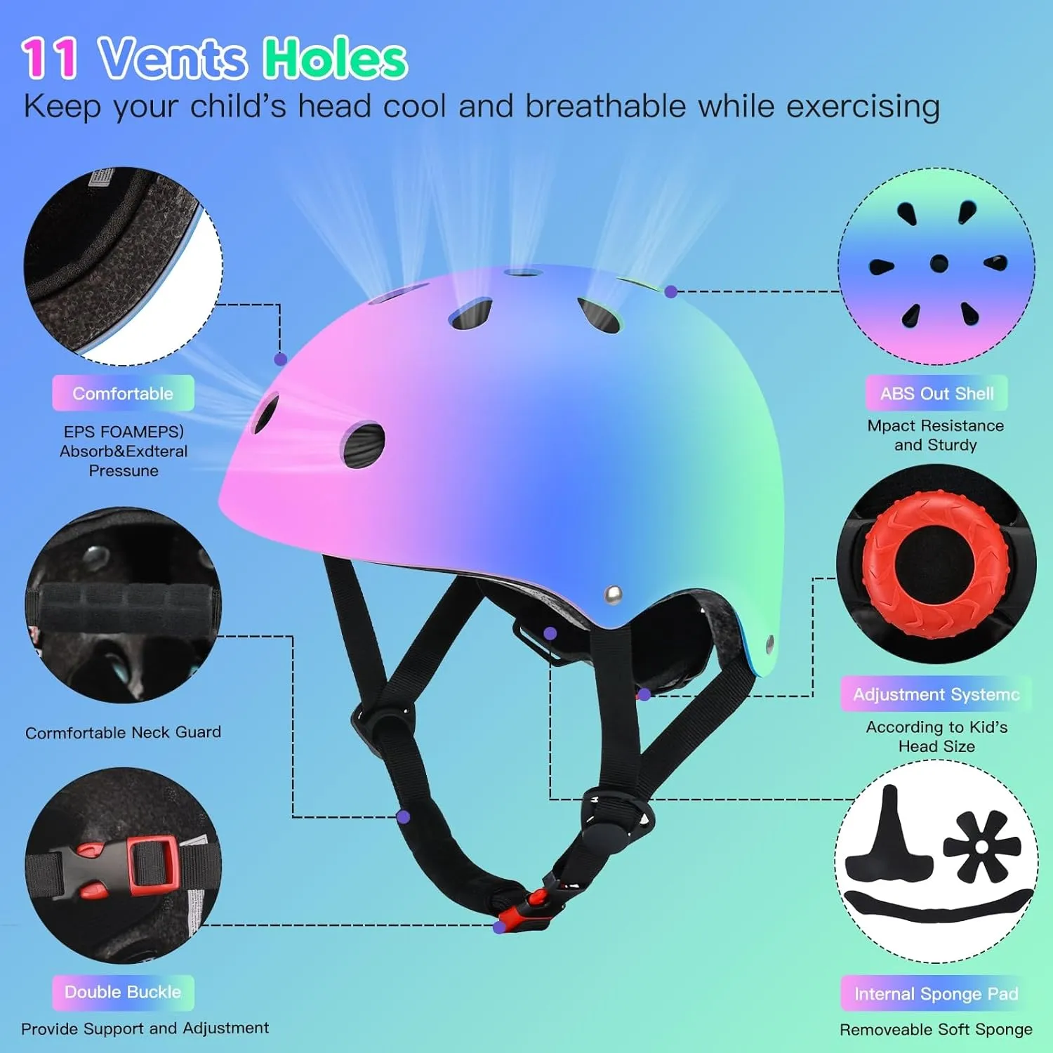 Color Gradient Adjustable Kids Bike Helmet for 5-8 8-14 Toddler Skateboard Helmets Boys Girls Child Ventilation Helmet for Multi-Sports Skating Cycling Scooter Balance