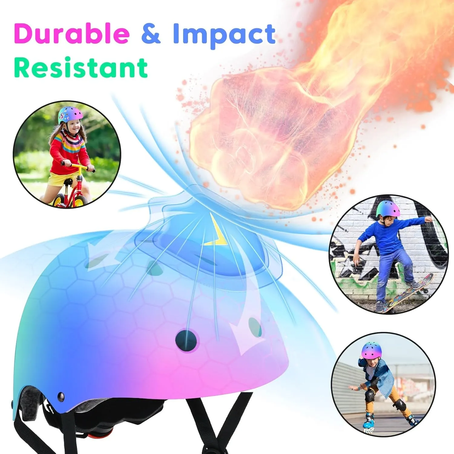 Color Gradient Adjustable Kids Bike Helmet for 5-8 8-14 Toddler Skateboard Helmets Boys Girls Child Ventilation Helmet for Multi-Sports Skating Cycling Scooter Balance