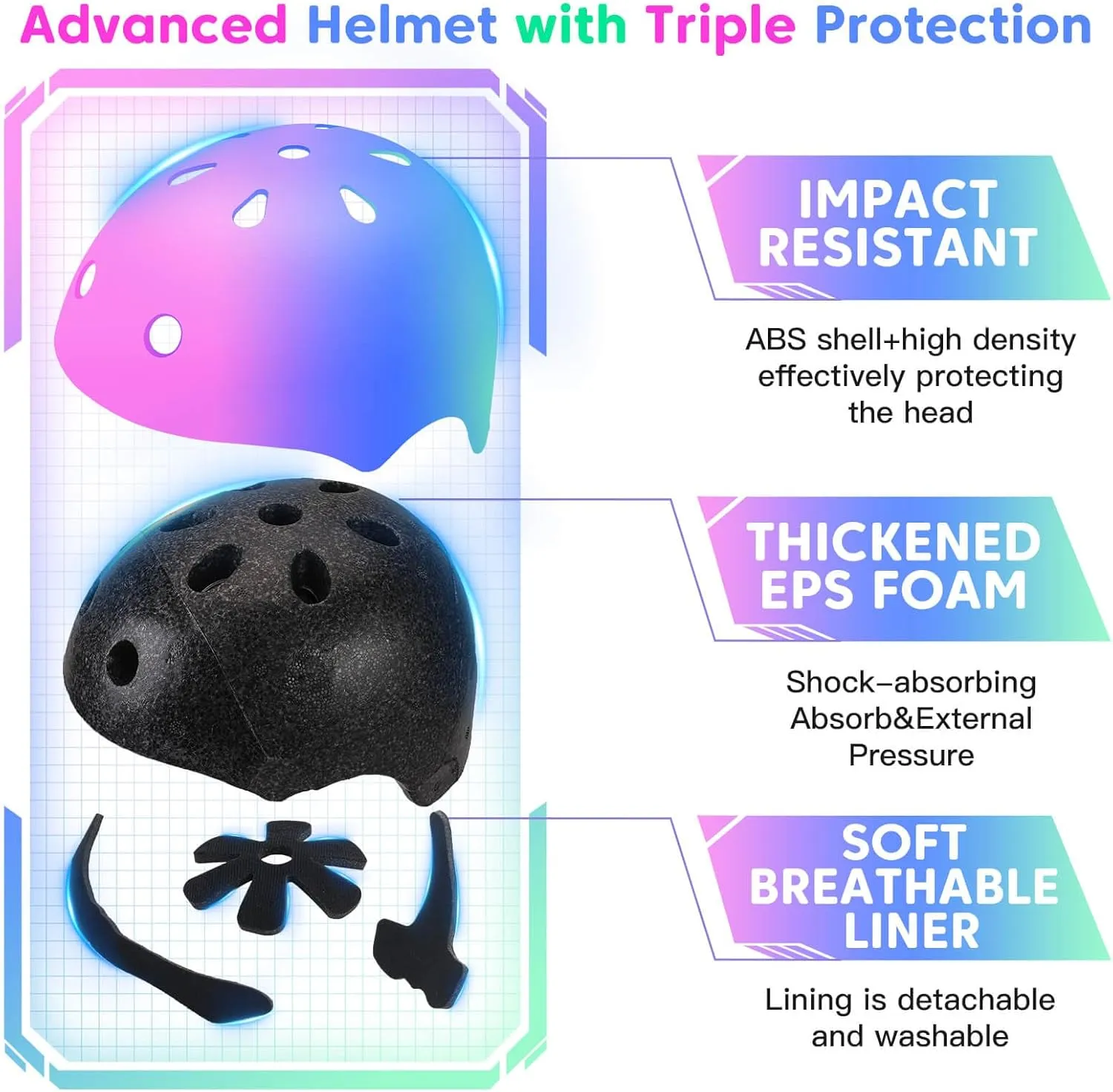 Color Gradient Kids Bike Helmet and Pads Adjustable Helmet for Kids Protective Gear Set with Elbow Knee Pads Wrist Guards for Skateboard Cycling Skating Scooter
