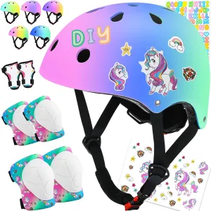 Color Gradient Kids Bike Helmet and Pads Adjustable Helmet for Kids Protective Gear Set with Elbow Knee Pads Wrist Guards for Skateboard Cycling Skating Scooter