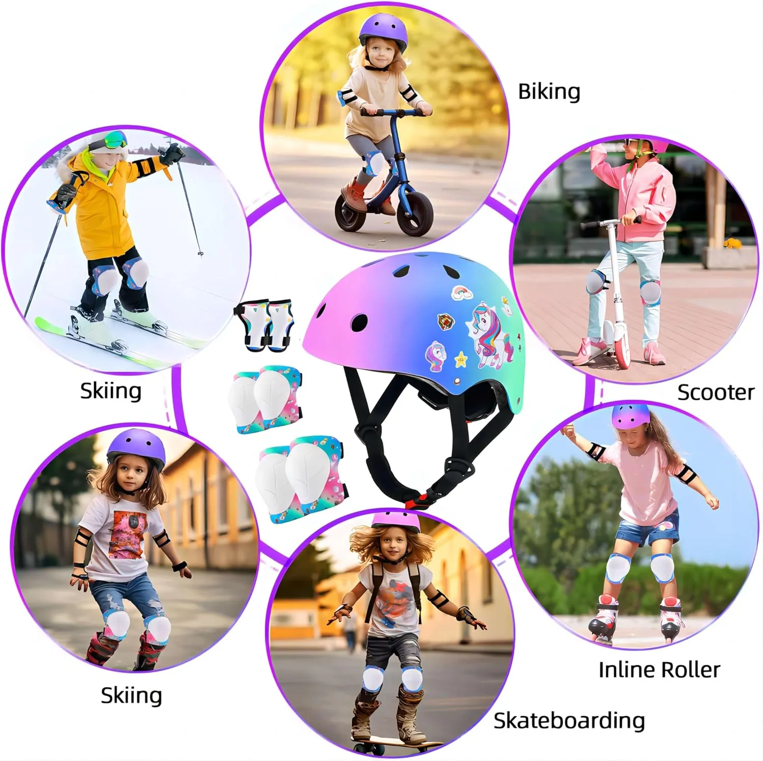 Color Gradient Kids Bike Helmet and Pads Adjustable Helmet for Kids Protective Gear Set with Elbow Knee Pads Wrist Guards for Skateboard Cycling Skating Scooter