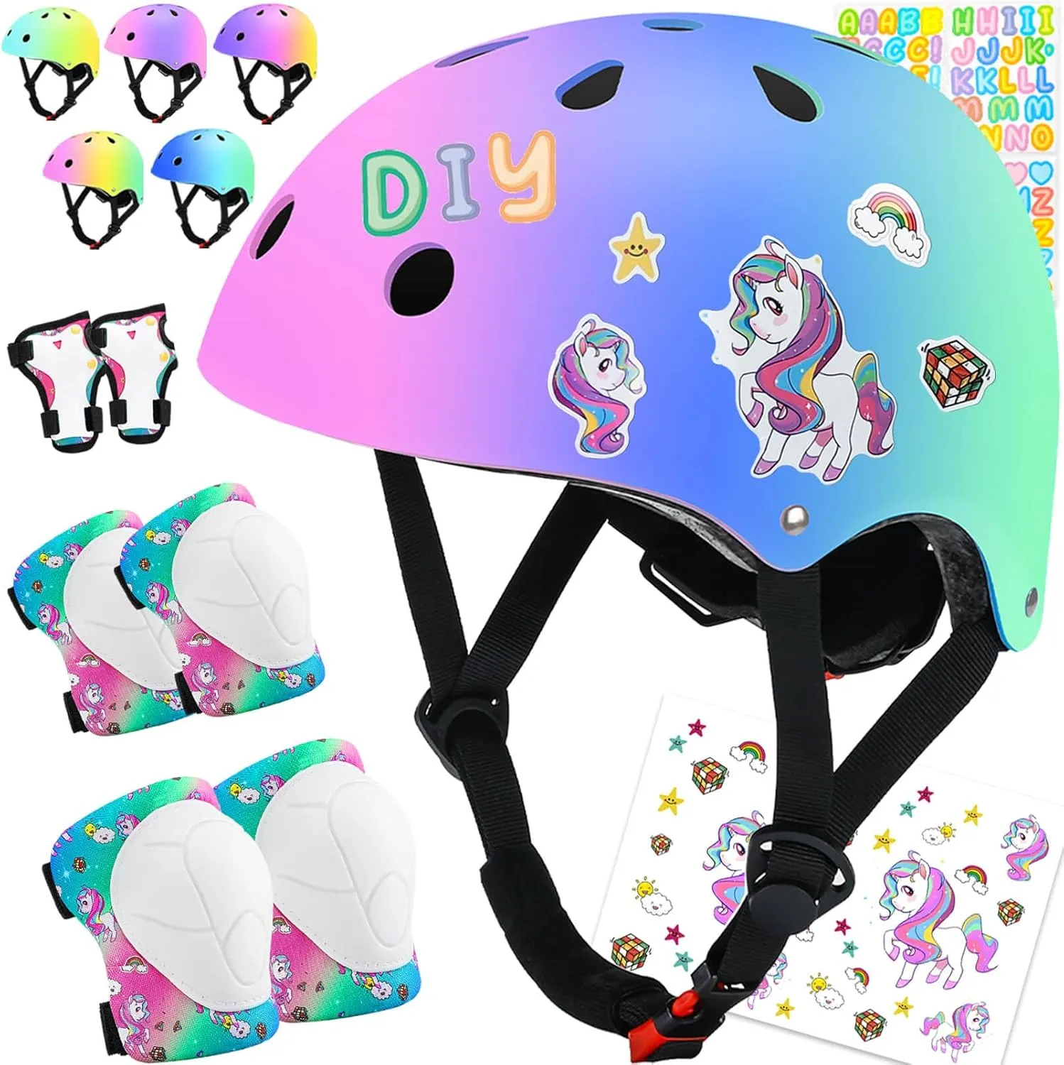 Color Gradient Kids Bike Helmet and Pads Adjustable Helmet for Kids Protective Gear Set with Elbow Knee Pads Wrist Guards for Skateboard Cycling Skating Scooter