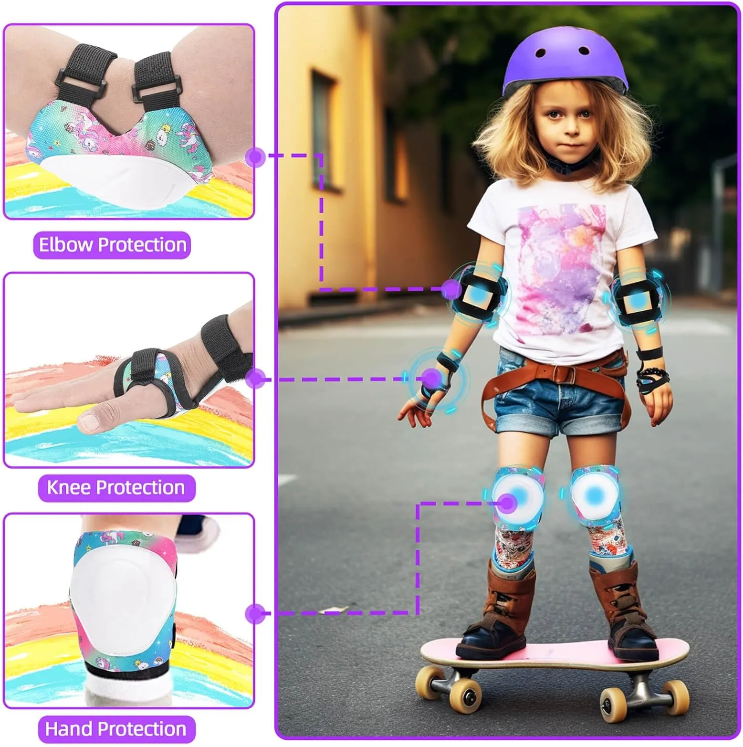 Color Gradient Kids Bike Helmet and Pads Adjustable Helmet for Kids Protective Gear Set with Elbow Knee Pads Wrist Guards for Skateboard Cycling Skating Scooter