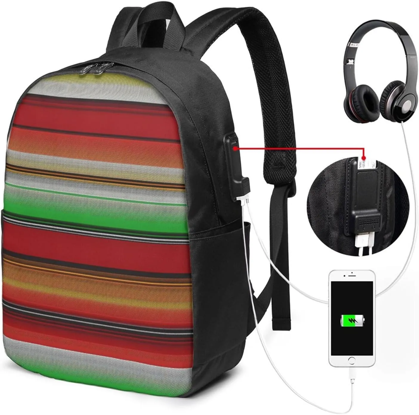 Colorful Mexican Serape Laptop Backpacks Travel Backpack Casual Business Daypack Sport Rucksack Computer Bag Fits up to 17 Inch Notebook with USB Port