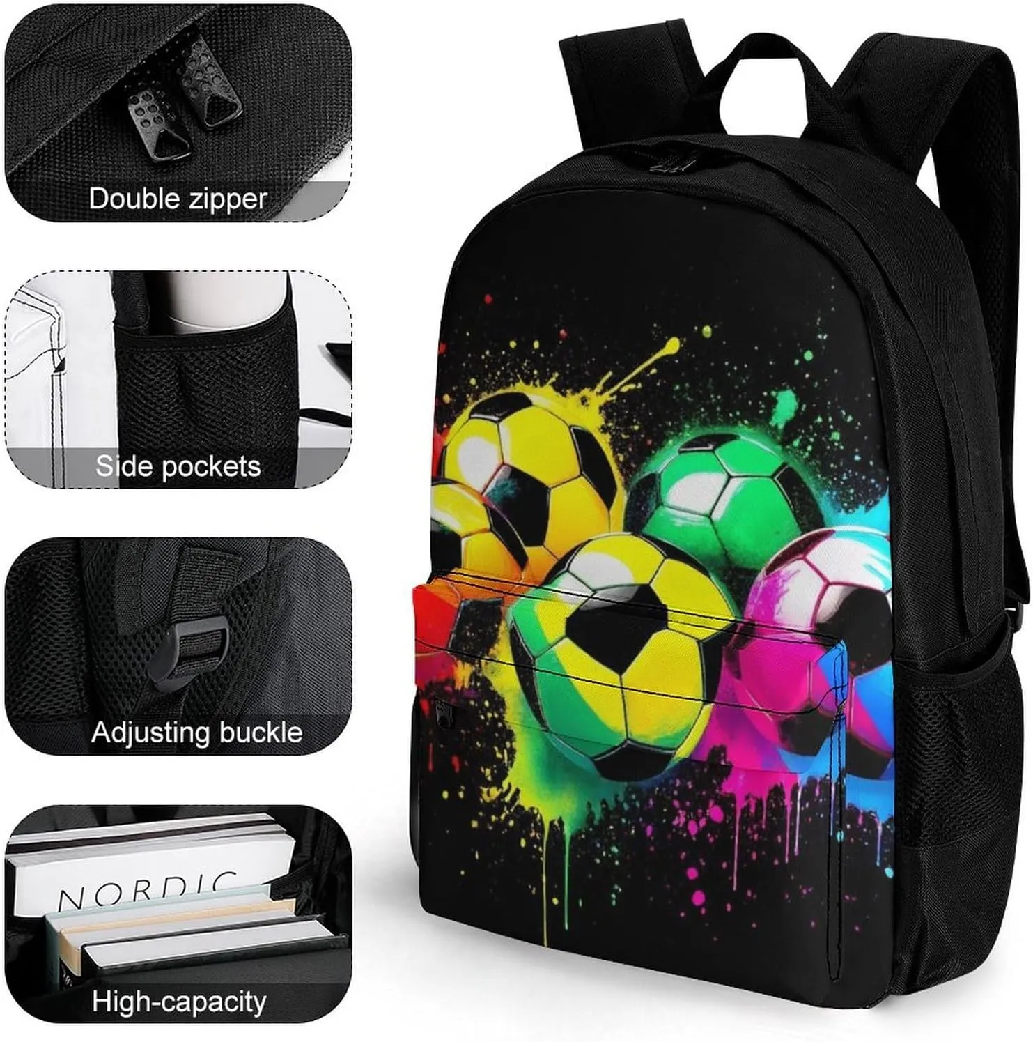 Colorful Paint Splash Ink Soccer Ball Football Black Rucksacks Lightweight Multipurpose Anti-Theft Shoulder Bag Big Capacity Traveling & Camping Backpack With Side Pockets