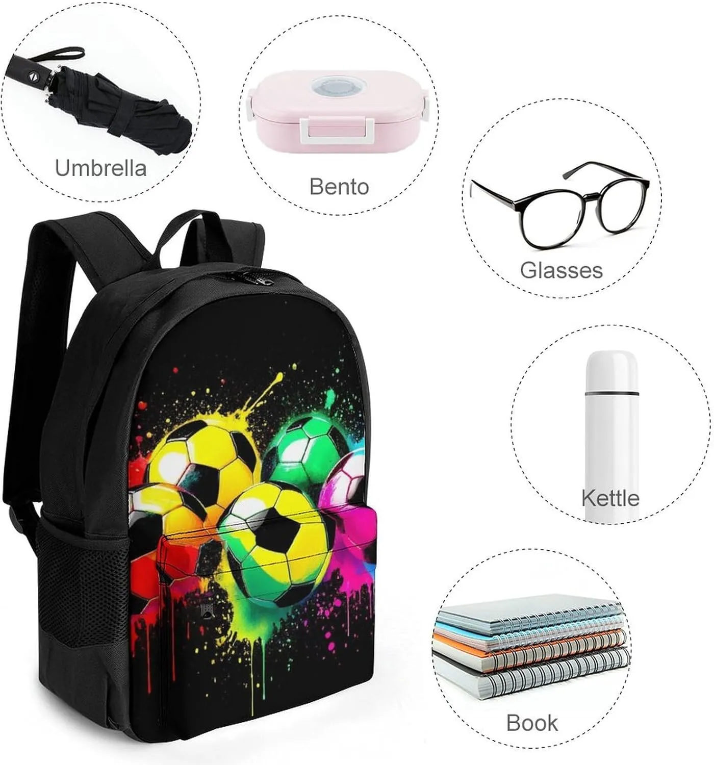 Colorful Paint Splash Ink Soccer Ball Football Black Rucksacks Lightweight Multipurpose Anti-Theft Shoulder Bag Big Capacity Traveling & Camping Backpack With Side Pockets