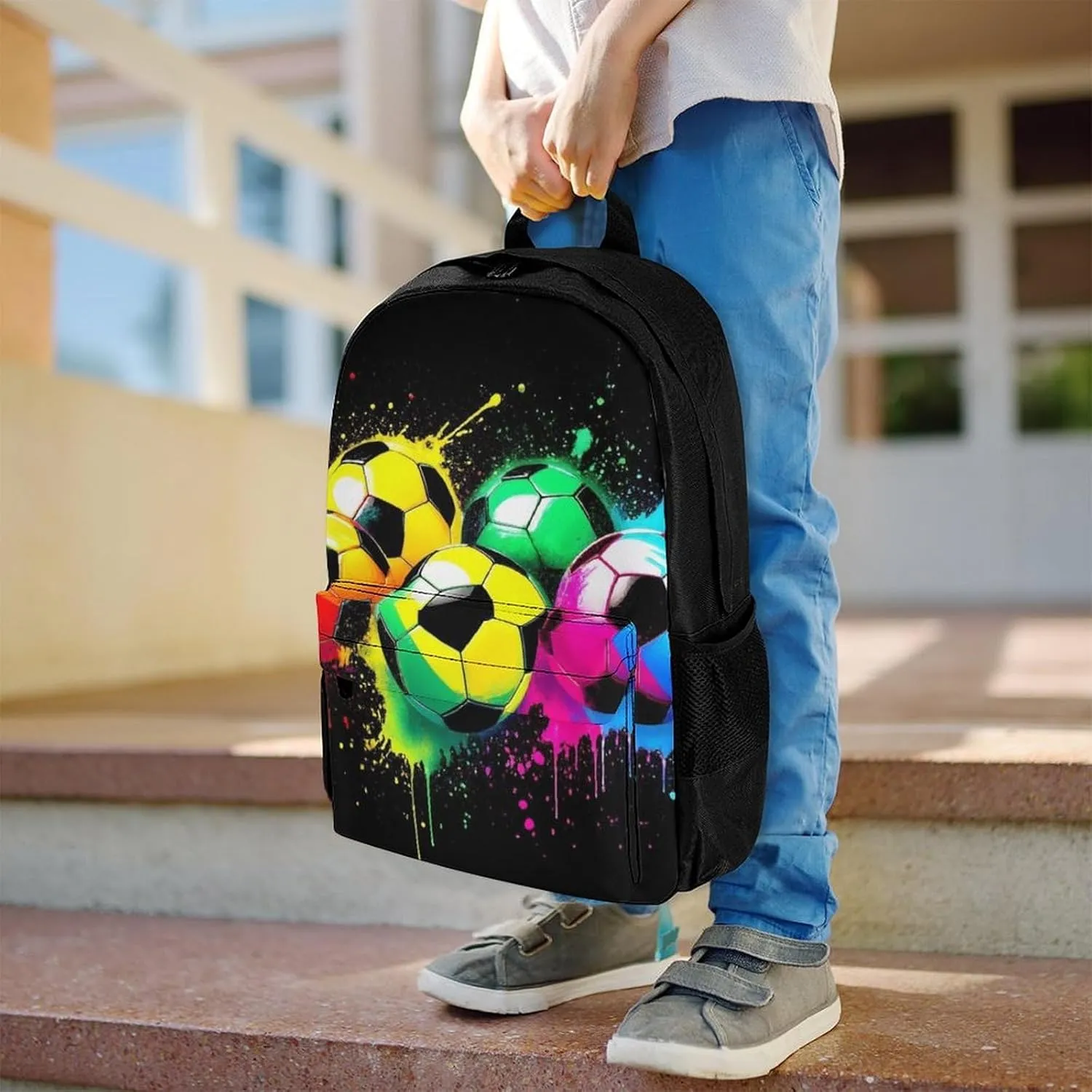 Colorful Paint Splash Ink Soccer Ball Football Black Rucksacks Lightweight Multipurpose Anti-Theft Shoulder Bag Big Capacity Traveling & Camping Backpack With Side Pockets
