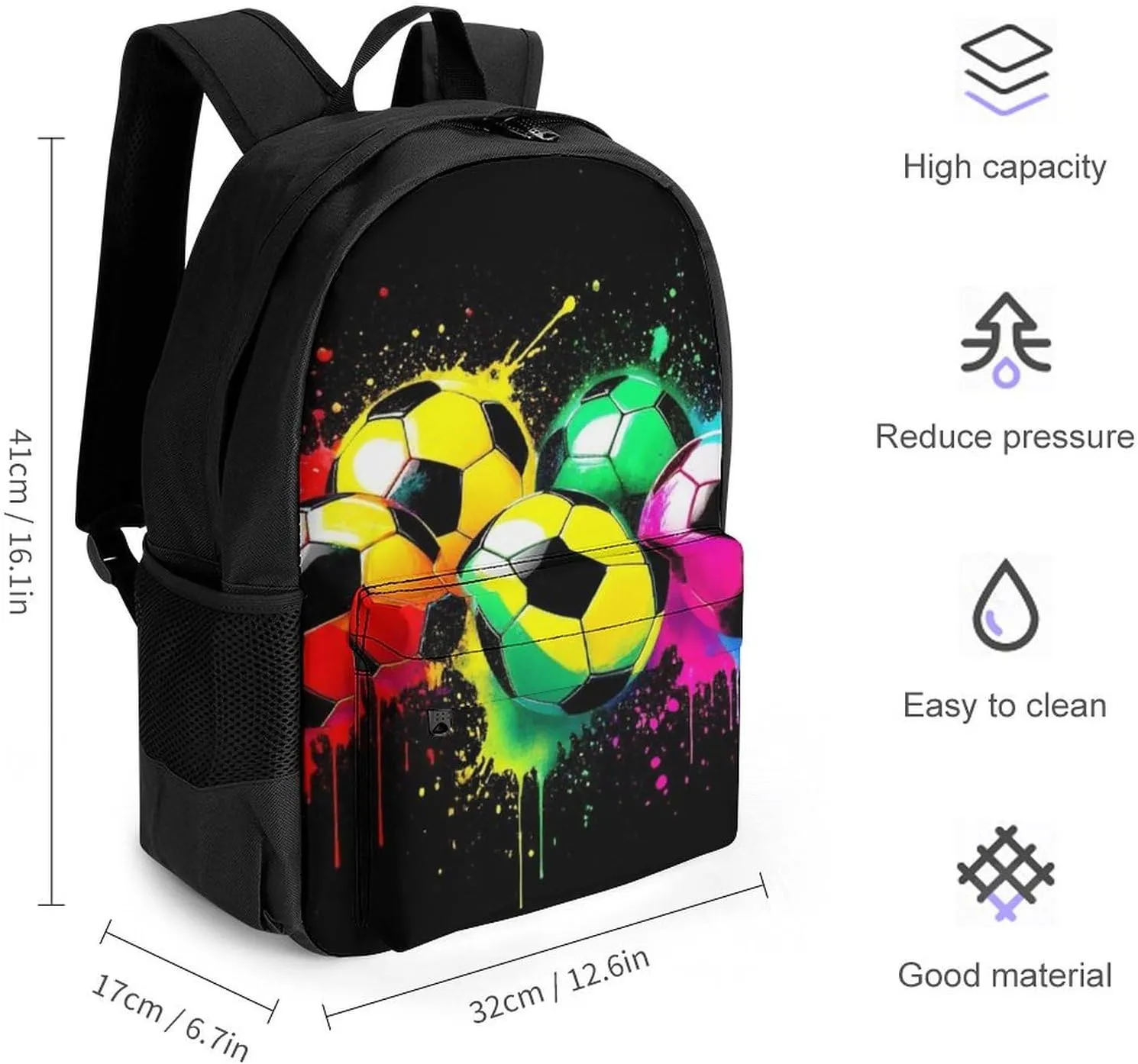 Colorful Paint Splash Ink Soccer Ball Football Black Rucksacks Lightweight Multipurpose Anti-Theft Shoulder Bag Big Capacity Traveling & Camping Backpack With Side Pockets