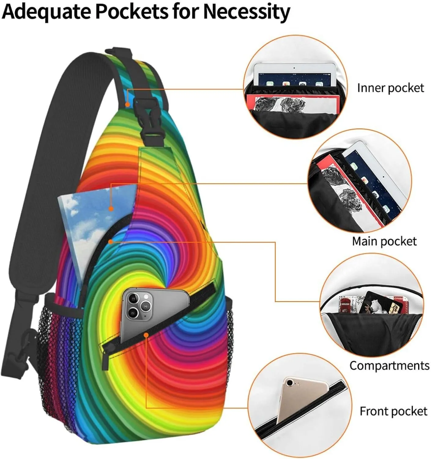 Colorful Rainbow Swirl Crossbody Bags Cross Men Chest Bag Adjustable Sling Backpack Shoulder Bag For Women Cycling Travel Sport Hiking