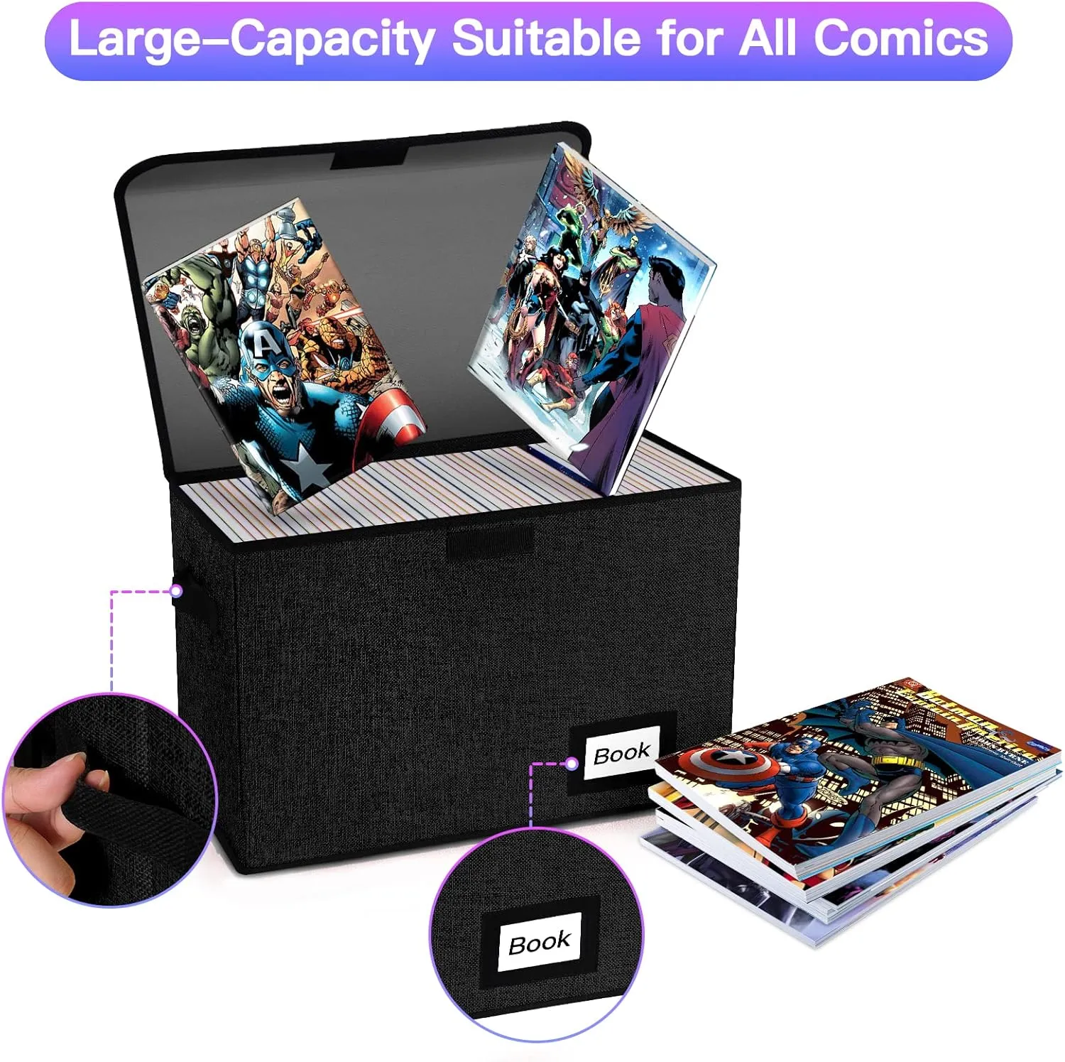 Comic Book Storage Box 15.8" X 7.8" X 11.8", Collapsible Holds 160-180 Comic Book Organizer Heavy Duty Bin Container Holder Shelf (Black)