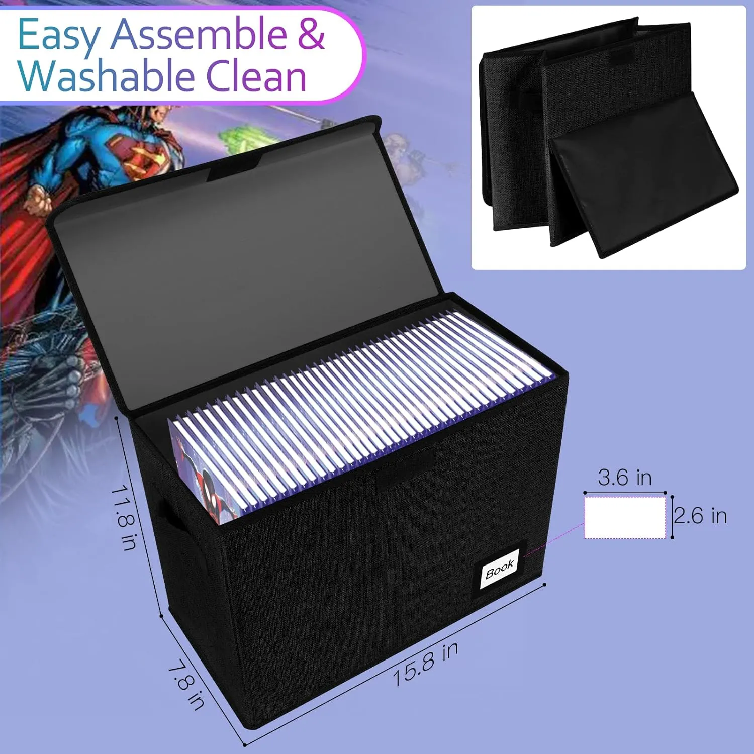 Comic Book Storage Box 15.8" X 7.8" X 11.8", Collapsible Holds 160-180 Comic Book Organizer Heavy Duty Bin Container Holder Shelf (Black)