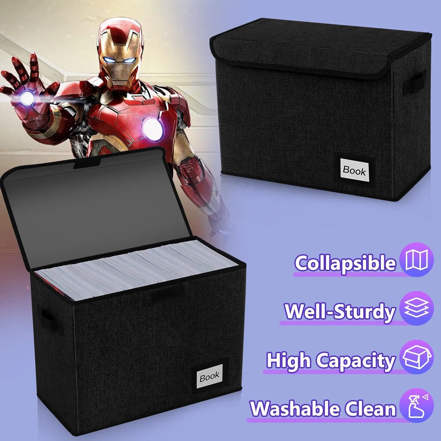 Comic Book Storage Box 15.8" X 7.8" X 11.8", Collapsible Holds 160-180 Comic Book Organizer Heavy Duty Bin Container Holder Shelf (Black)