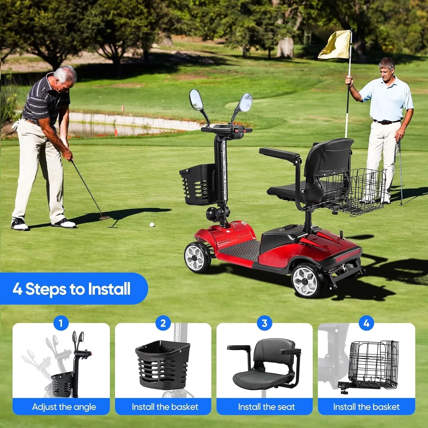 Compact 4 Wheel Mobility Scooter with Display, Foldable Electric Scooter for Seniors and Adults, Heavy Duty Travel Model with Light, 2 Basket, Rearview Mirror, and Long-Lasting Extended Battery