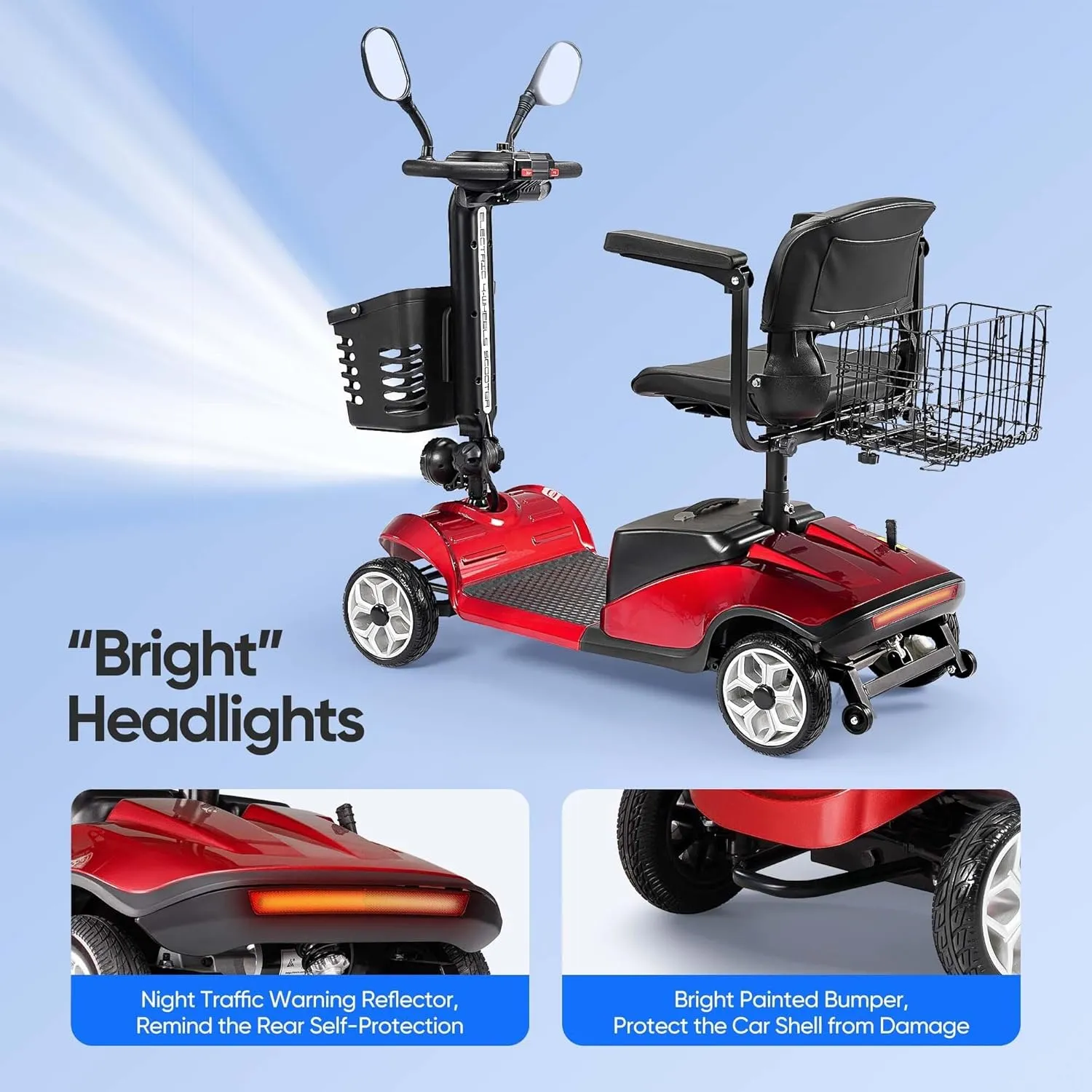 Compact 4 Wheel Mobility Scooter with Display, Foldable Electric Scooter for Seniors and Adults, Heavy Duty Travel Model with Light, 2 Basket, Rearview Mirror, and Long-Lasting Extended Battery